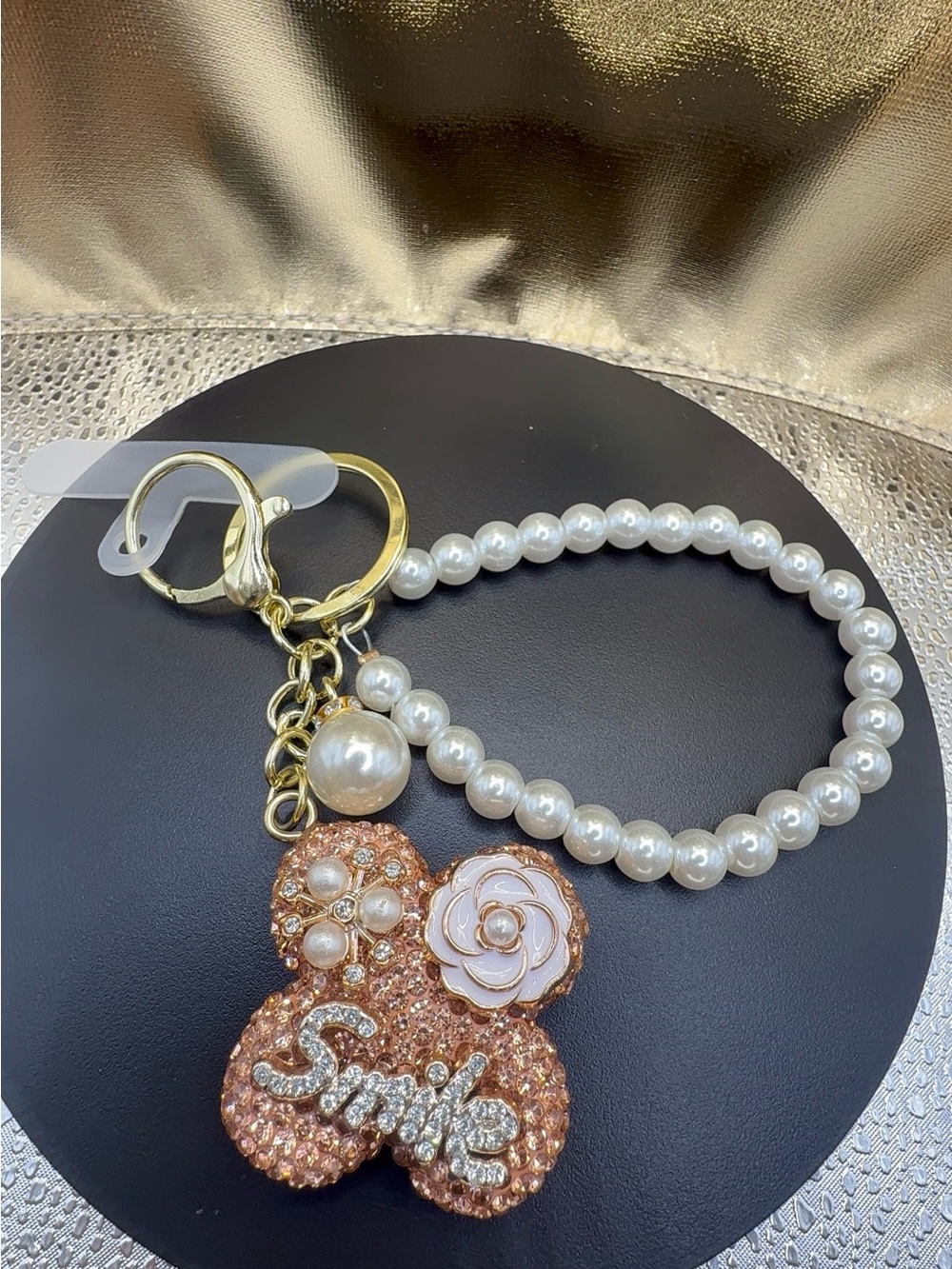 Pearl Beaded Wristlet Keychain with Rose Charm - White and Rose Gold